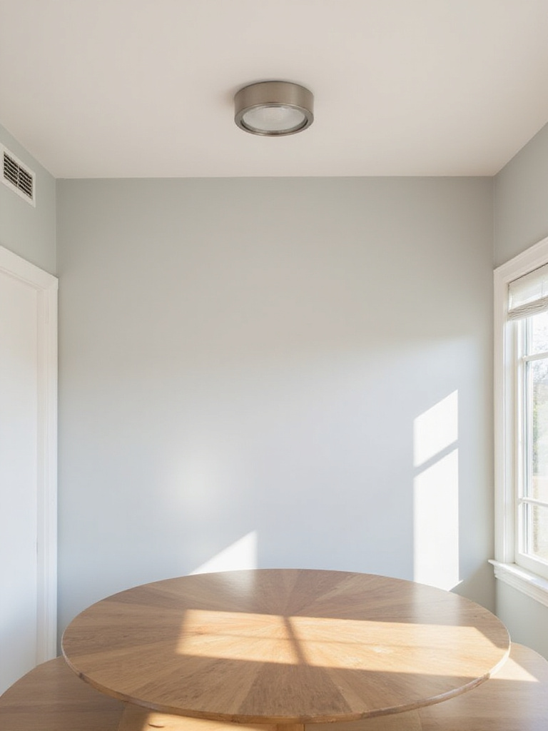Simple brushed nickel flush mount light illuminating a kitchen table