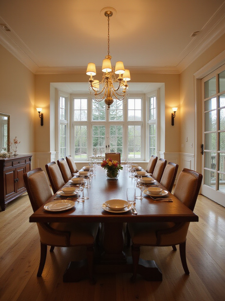 A large rectangular dining table set for eight in an elegant dining room, illustrating ample seating capacity and clearance.