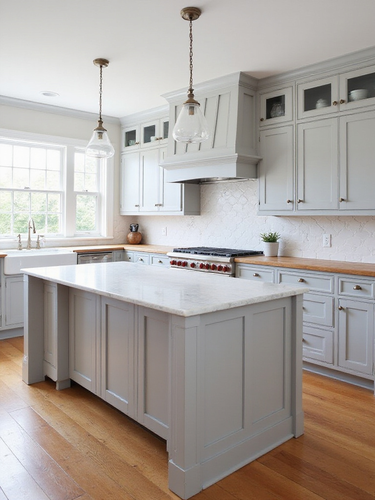 Classic kitchen with gray Shaker cabinets, marble island, and wood floors, illustrating the timeless appeal of gray in traditional design.