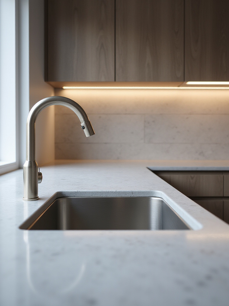 Modern kitchen countertop with a sleek, low-profile stainless steel top-mount sink and minimalist faucet.