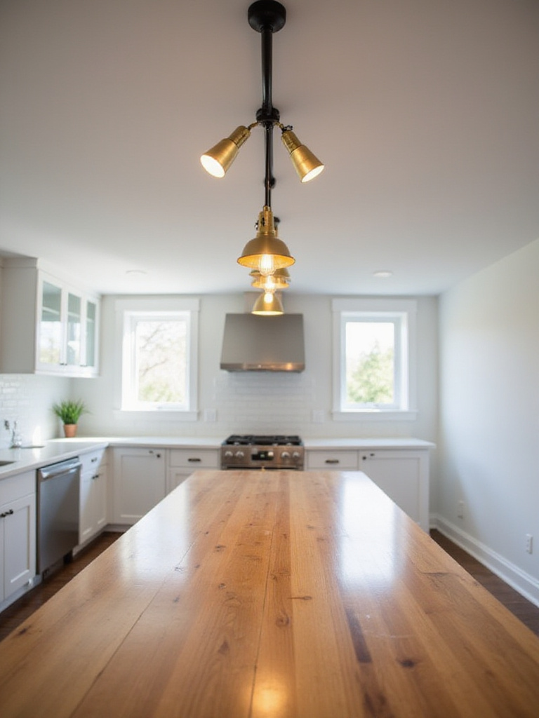 Kitchen with wooden dining table and curved track lighting with pendant lights.