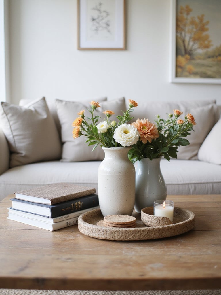 Styled coffee table with decorative books, flowers, and a candle in a cozy living room.