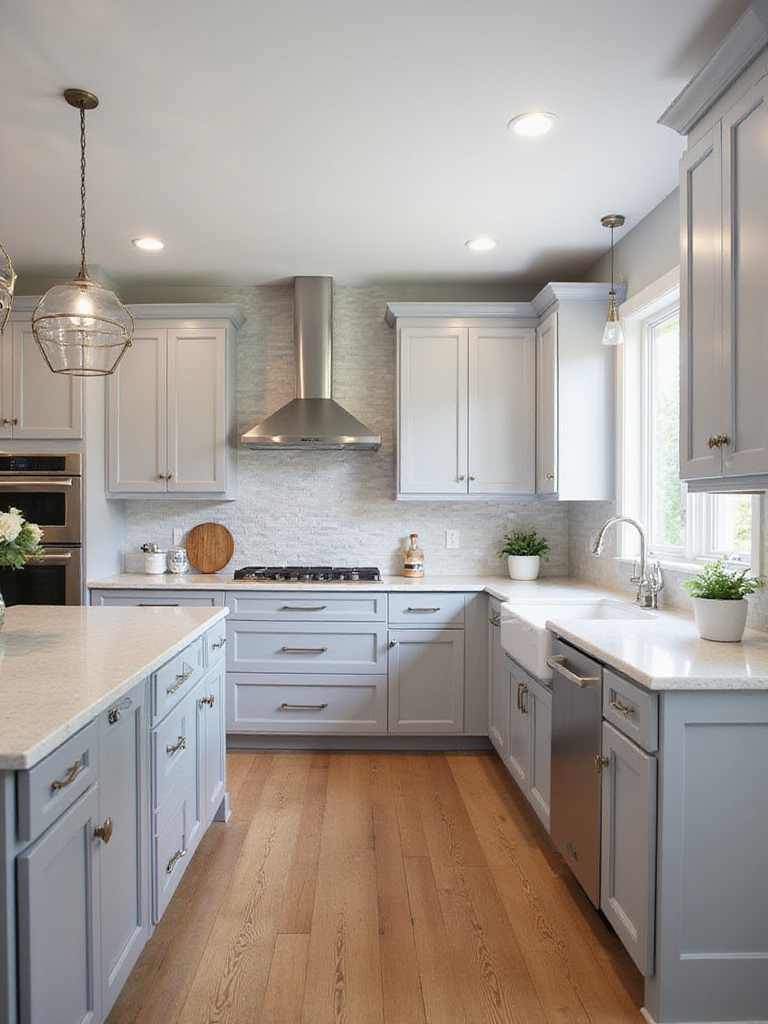 Transitional kitchen featuring gray shaker cabinets, a mix of light and dark shades, blended with a sleek quartz island countertop, classic perimeter counters, and warm wood flooring.