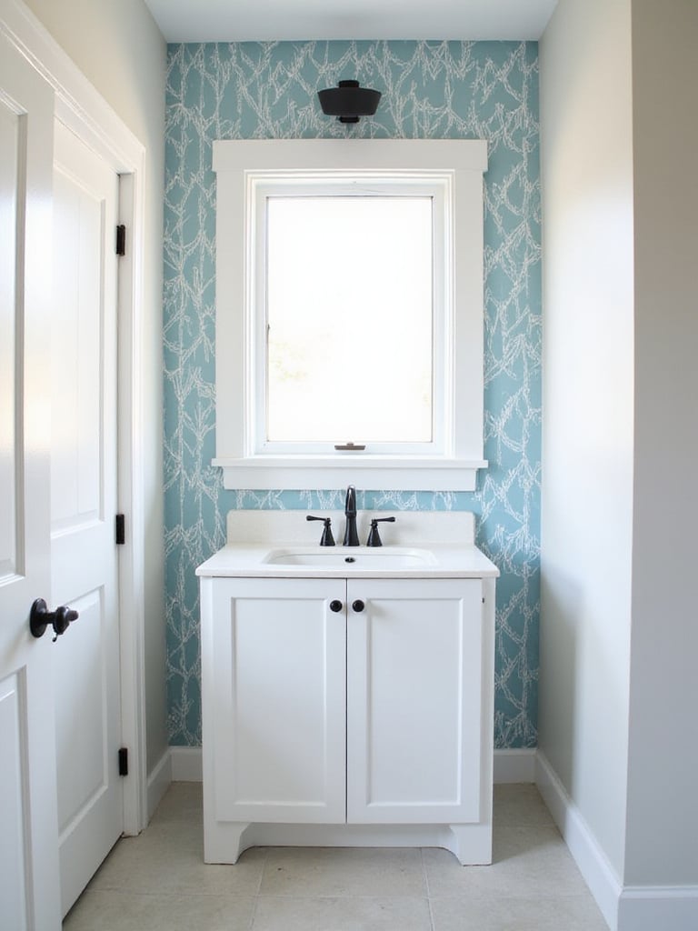 Modern bathroom with a white vanity and a blue and white geometric peel-and-stick wallpaper accent wall behind the sink.