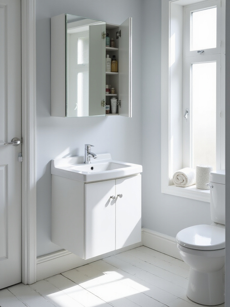 Small bathroom with recessed medicine cabinet for clutter-free storage