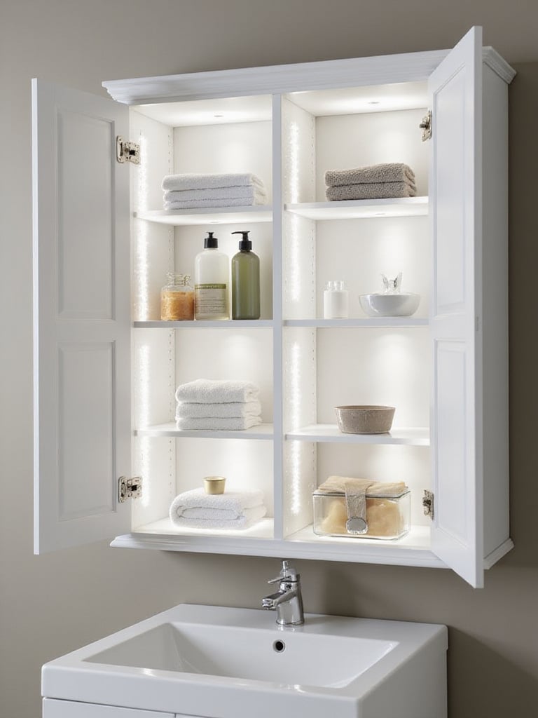 Interior of a bathroom cabinet showing adjustable shelves neatly organized with various bathroom items like towels, bottles, and jars, illustrating flexible storage.