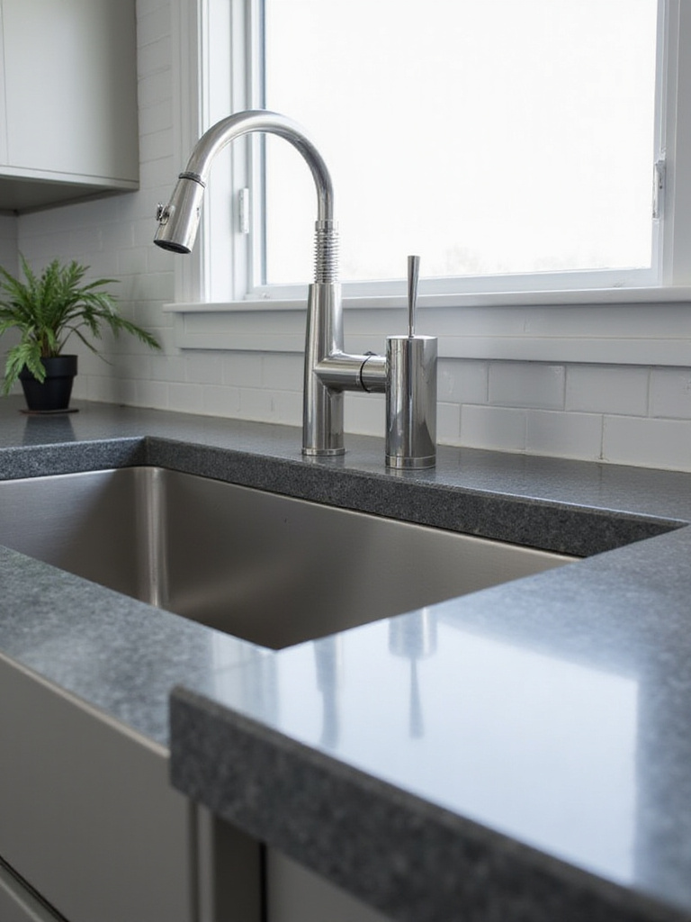 Modern kitchen featuring a sleek undermount stainless steel sink seamlessly integrated into a polished dark grey quartz countertop, highlighting the streamlined aesthetic and easy-to-clean surface.
