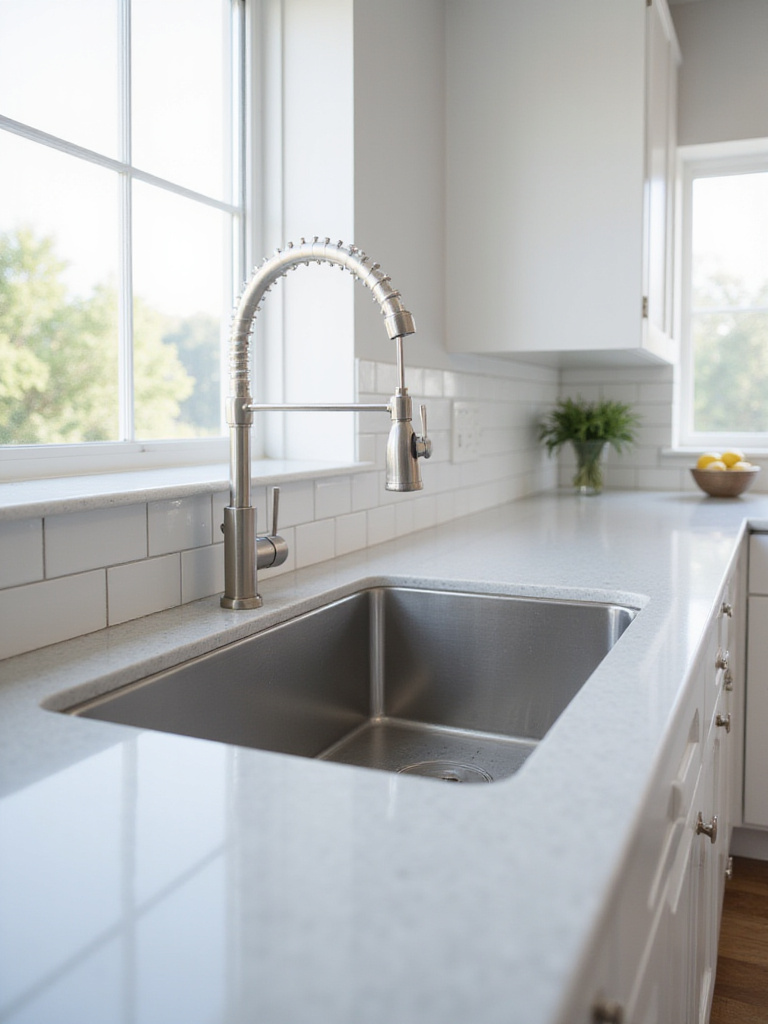 Undermount stainless steel kitchen sink seamlessly integrated into a light grey quartz countertop with a modern pull-down faucet.