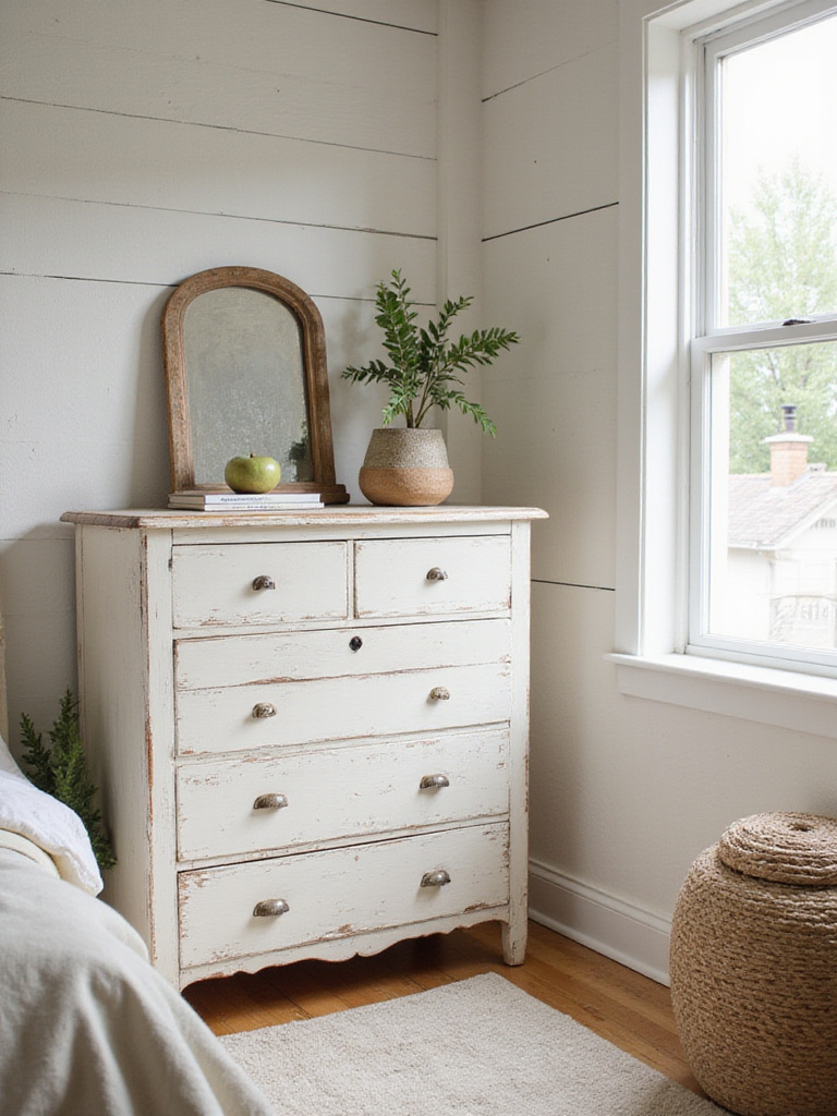 Rustic bedroom featuring upcycled white distressed dresser, adding vintage charm and character.