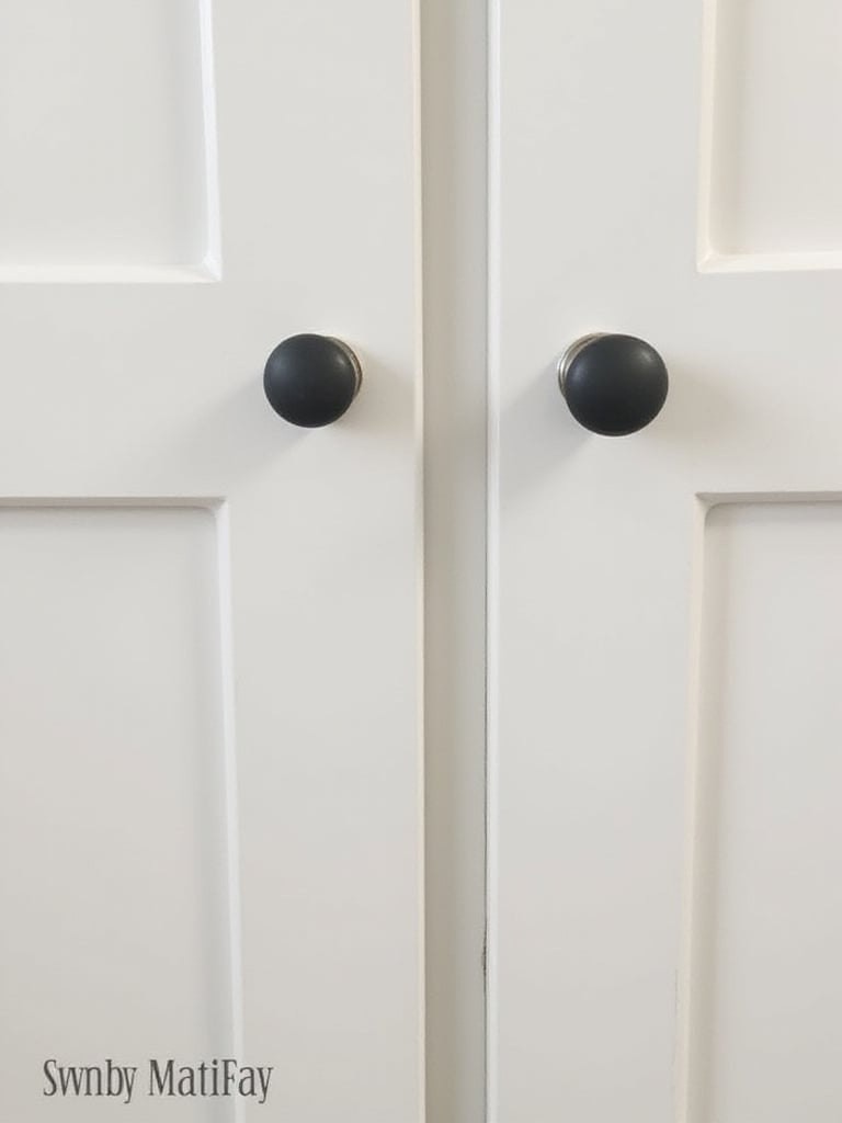 Laundry room cabinets with updated modern hardware, such as new pulls and knobs, refreshing the look of the storage units.
