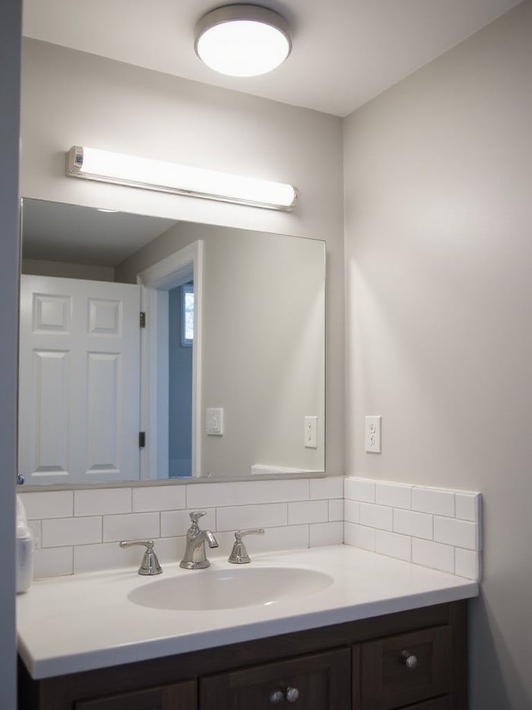 Brightly lit modern bathroom vanity area featuring a new LED vanity light above the mirror and a flush mount ceiling fixture, showcasing the impact of updated lighting.