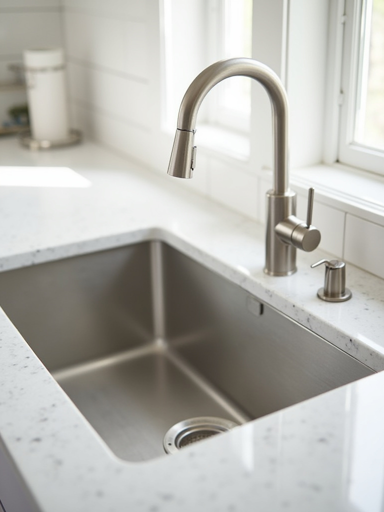 Modern kitchen sink and faucet upgrade with stainless steel sink and brushed nickel faucet.