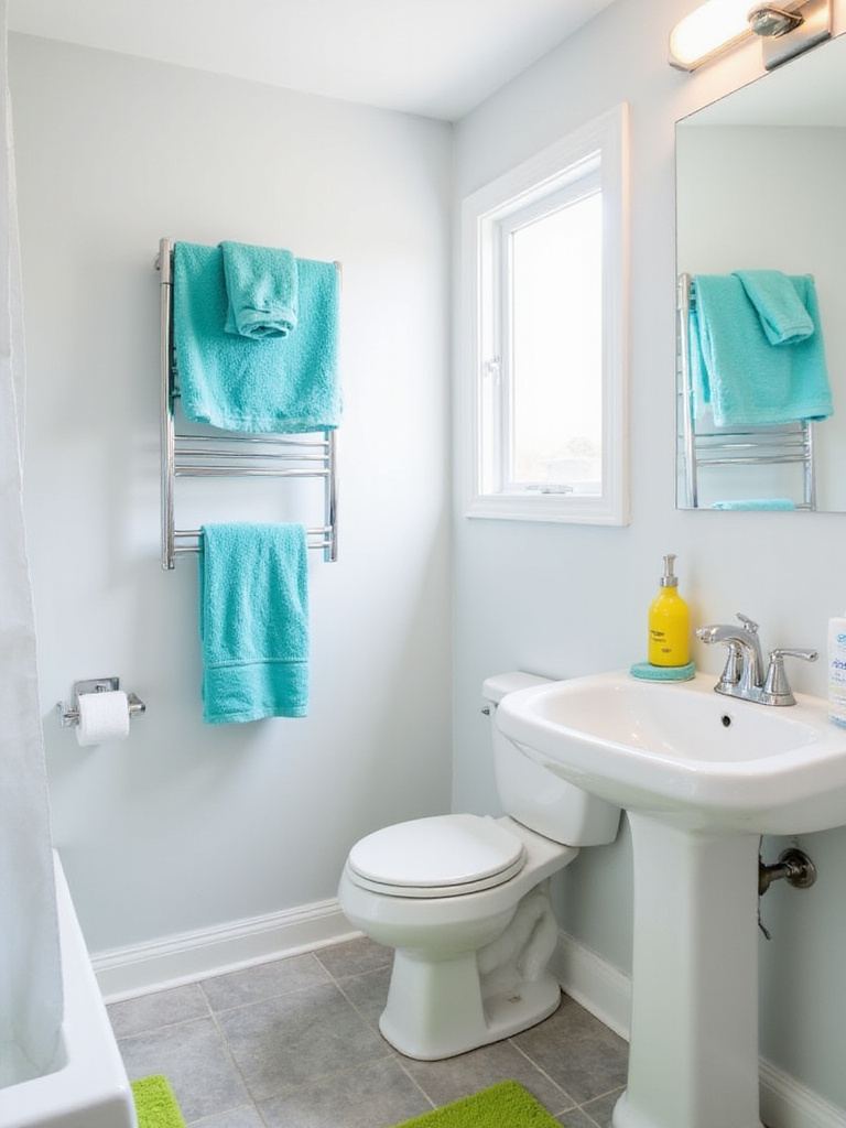 Small bathroom with white walls, turquoise towels, yellow soap dispenser, and green bath mat.