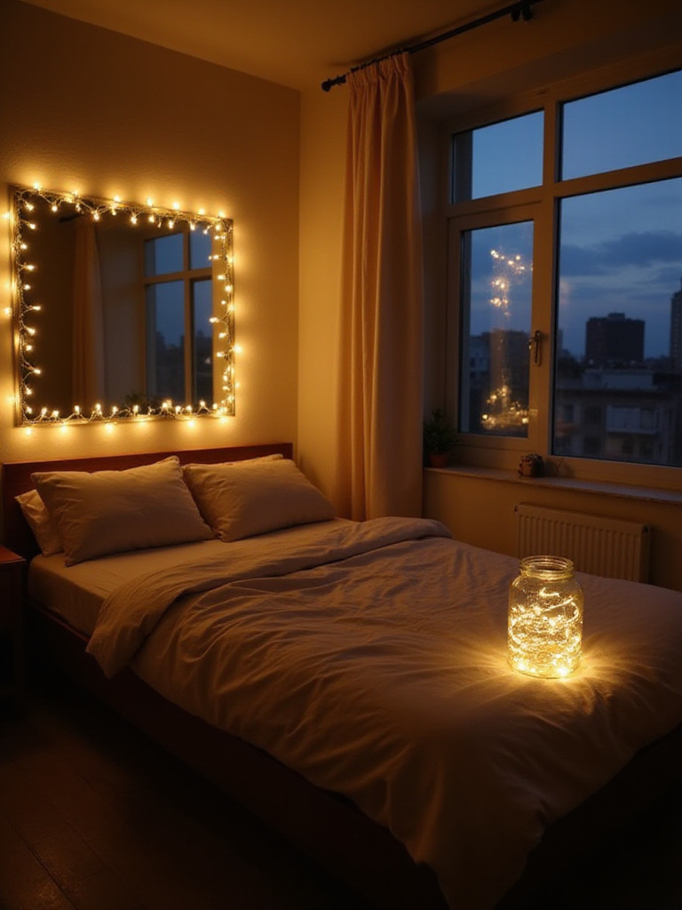 Apartment bedroom decorated with warm white fairy lights draped over a bed frame, around a mirror, and in a glass jar, creating a cozy, magical glow.