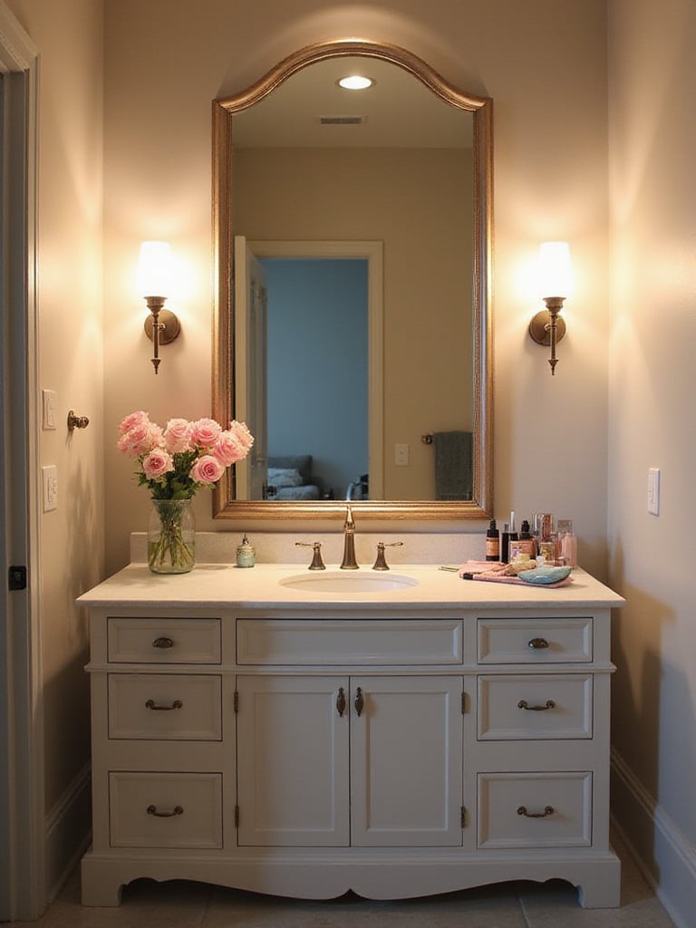 A stylish bathroom vanity illuminated with high CRI bulbs reflecting accurate colors.