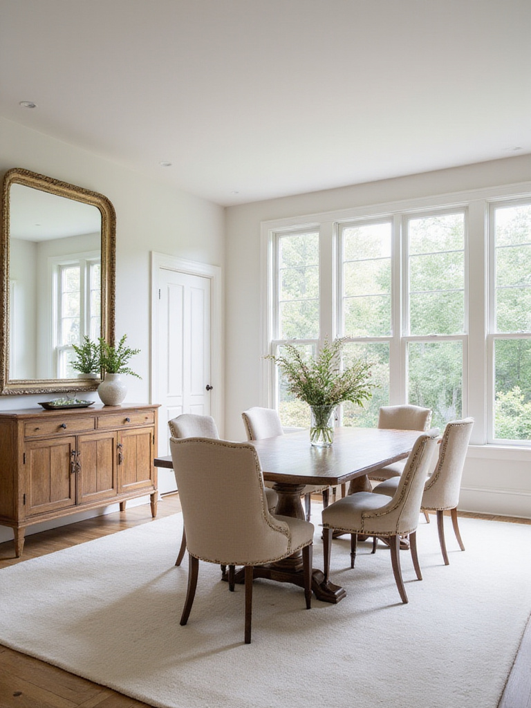 Dining room featuring a large mirror positioned to reflect a window, visually expanding the space and increasing natural light.