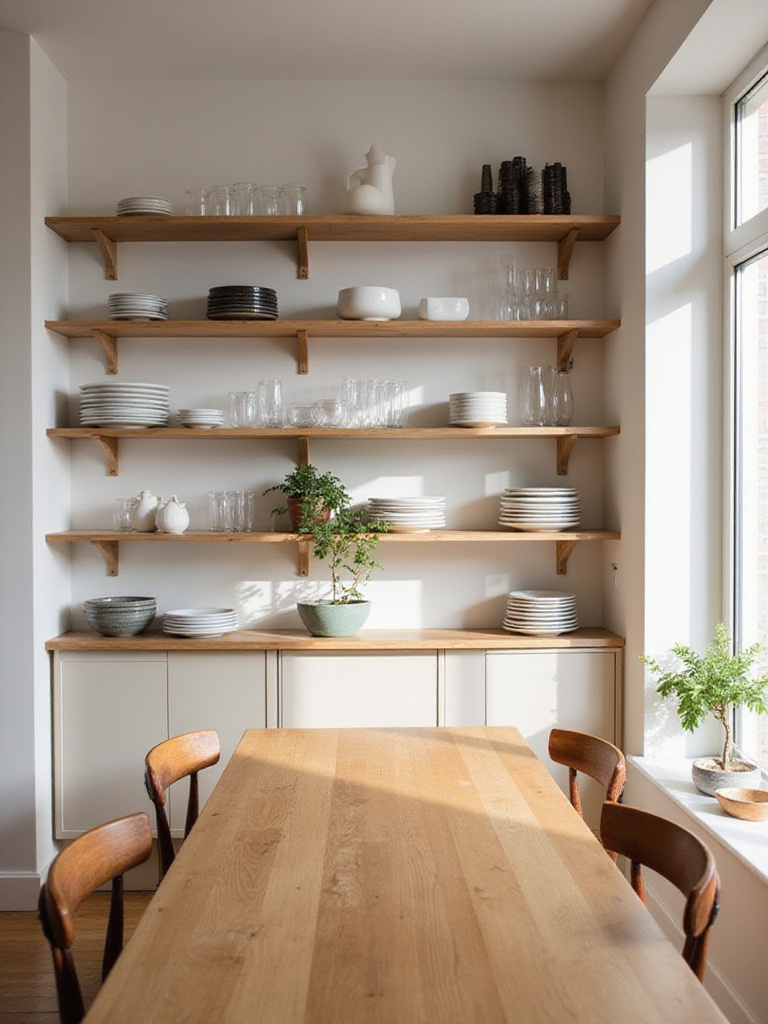 Modern dining room with open shelving displaying white plates, glassware, and decor above a dining table.