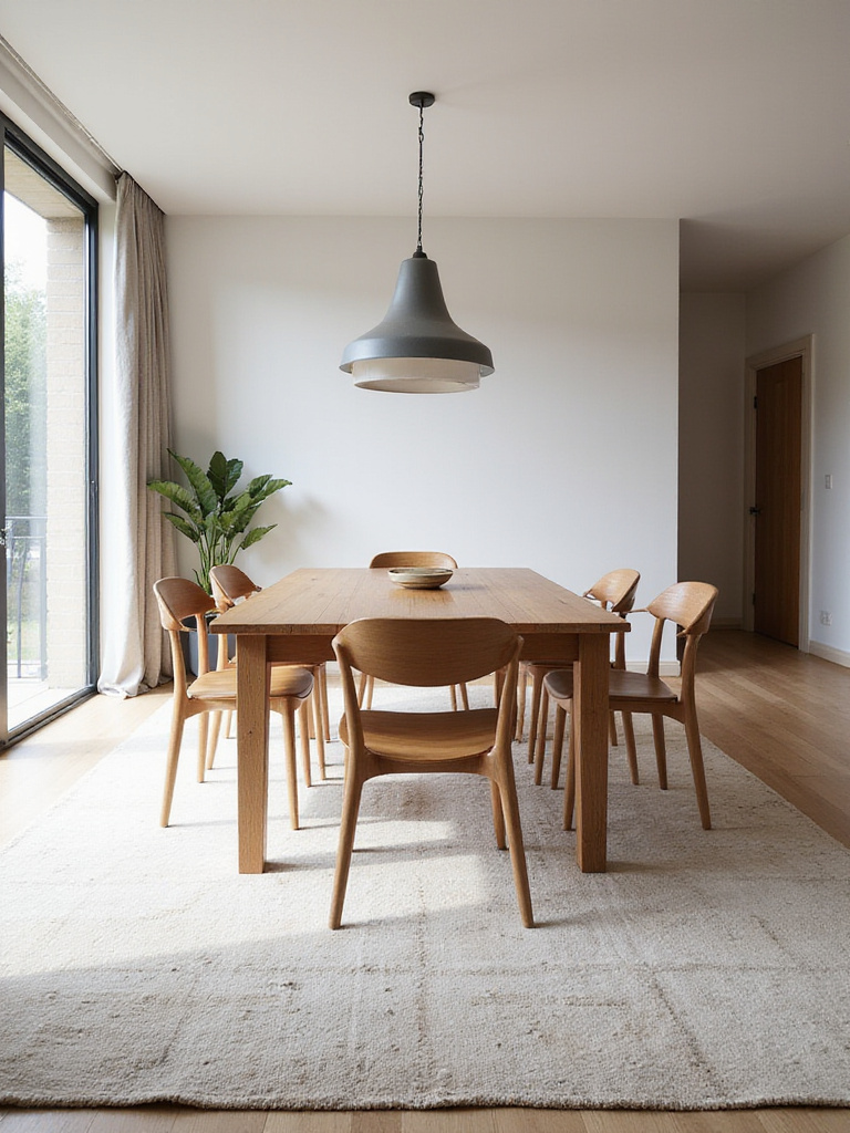 Modern dining room with a large rectangular patterned rug defining the dining area under a wooden table and chairs.