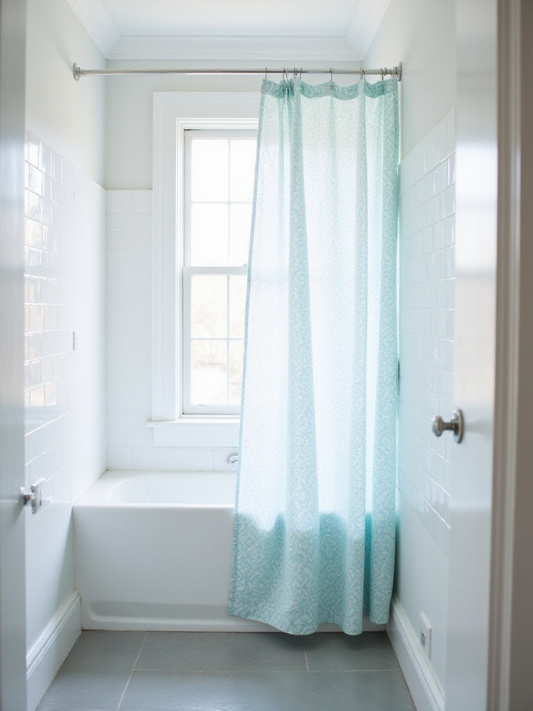 Small bathroom with light blue and white patterned shower curtain making the space feel larger.