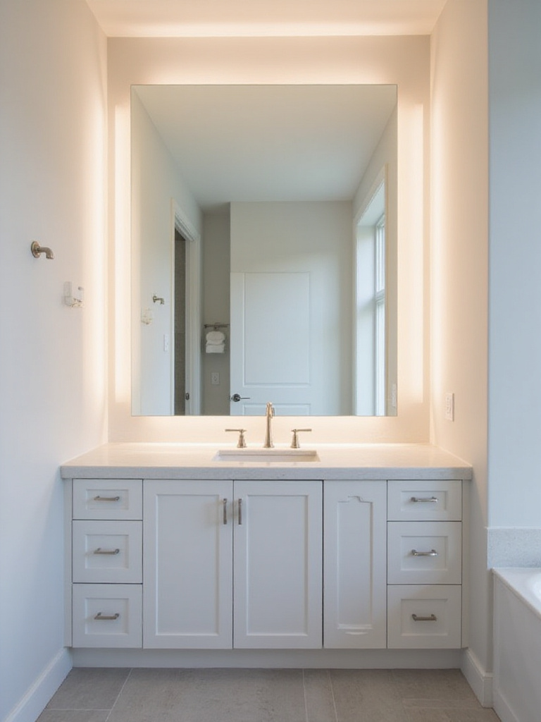 Large frameless or simply framed mirror above a vanity in a transitional bathroom, enhancing light and space.