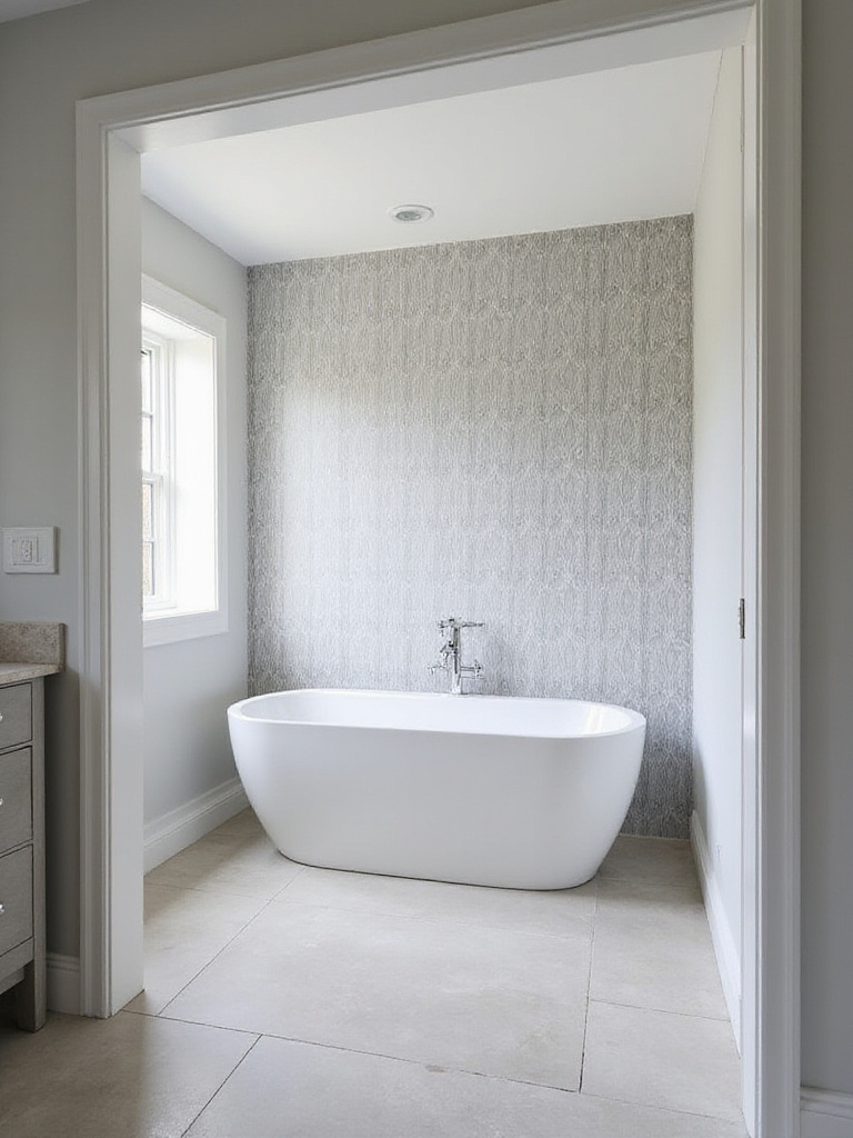 Transitional bathroom featuring a subtle grey tone-on-tone geometric patterned tile on the feature wall behind a freestanding bathtub, paired with clean lines and neutral finishes.