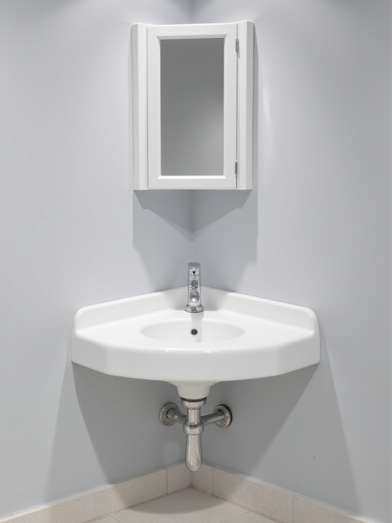 Corner sink maximizing space in a small bathroom