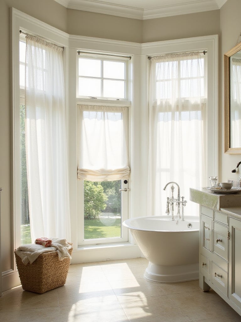 Bright bathroom with large windows and window treatments allowing natural light.