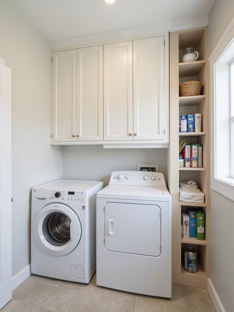 Laundry room effectively utilizing vertical space with tall shelving units and high wall-mounted cabinets for maximum storage capacity.