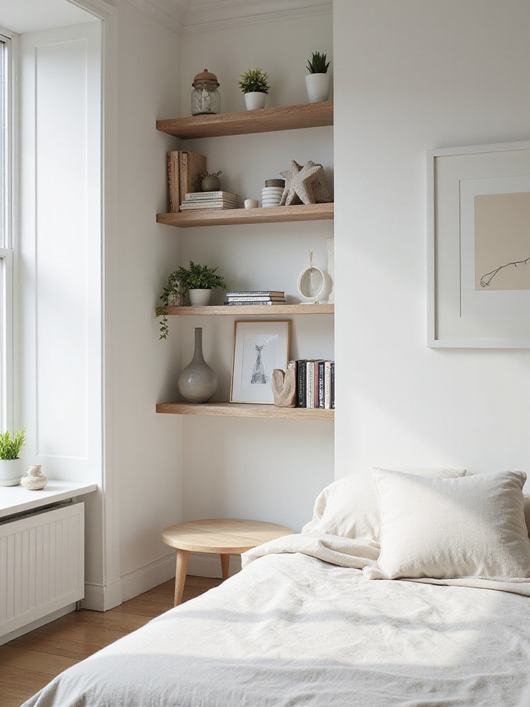 Floating wall shelves above a bed in a modern apartment bedroom, holding books, plants, and decor, maximizing vertical storage space.