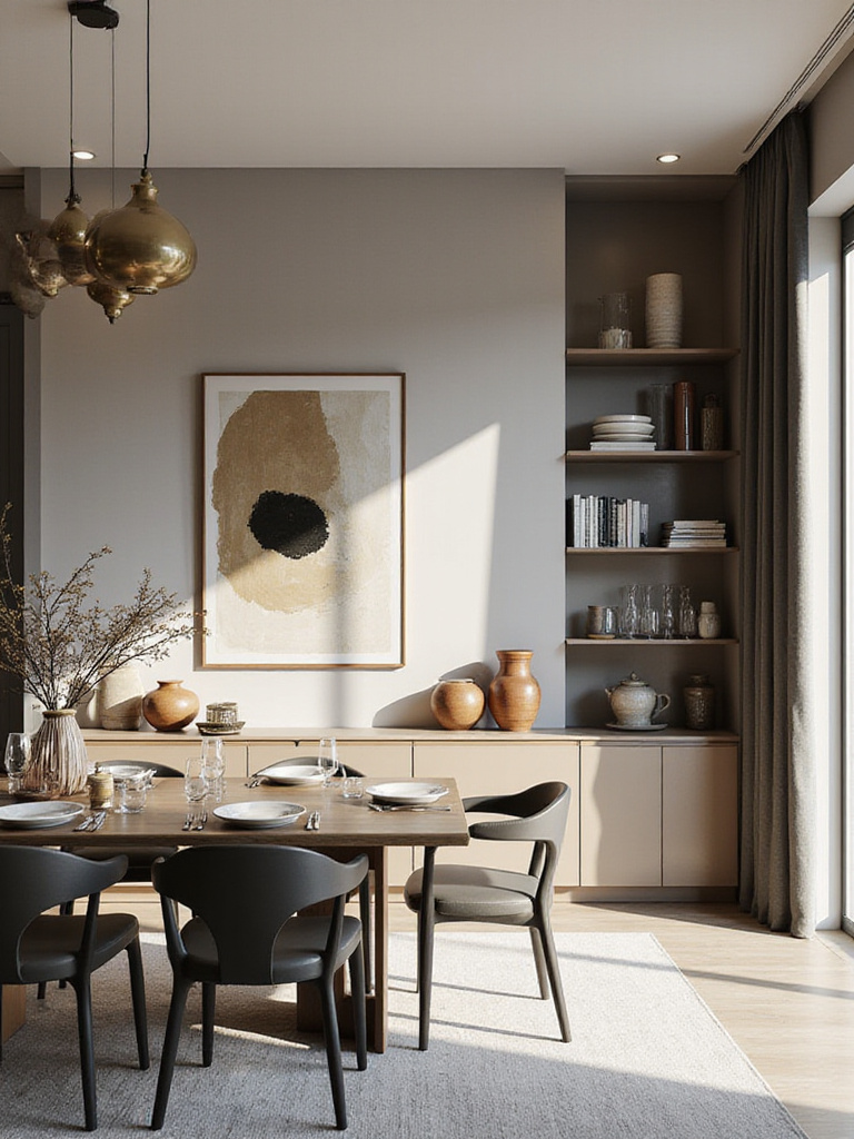 A modern dining room wall featuring floating shelves with decor, a large abstract art piece, and a tall display cabinet, demonstrating vertical space utilization.
