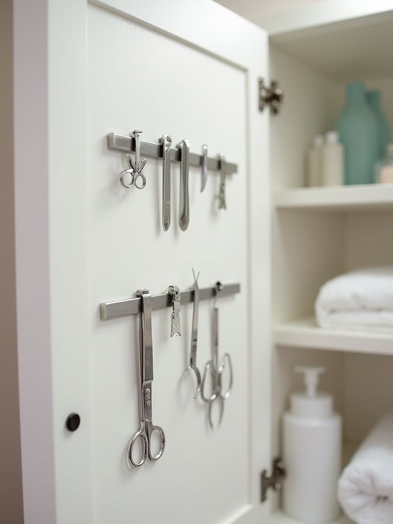Inside view of a bathroom cabinet door with magnetic strips holding metal items like tweezers and nail clippers, maximizing storage space.
