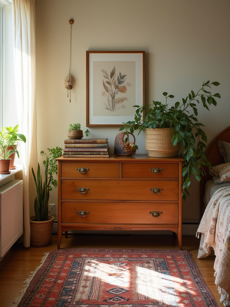 A vintage wooden dresser with unique hardware styled with plants and decor in a cozy boho bedroom.