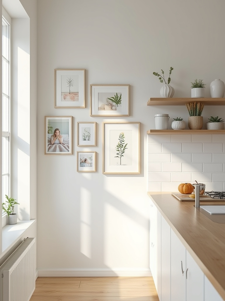 A collection of framed art and personal photos displayed on a wall in a bright, modern apartment kitchen, adding character and warmth to the space.