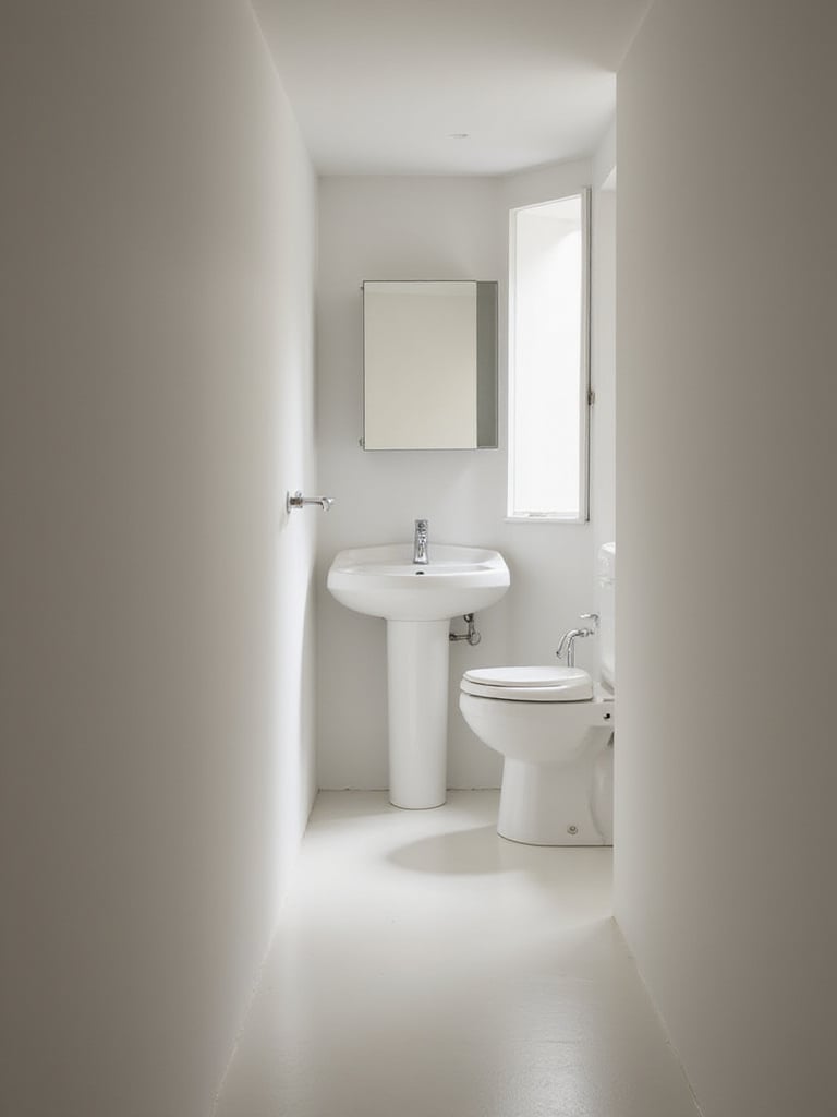 A view inside a narrow modern bathroom showcasing a slim profile wall-mounted cabinet above a pedestal sink, demonstrating space-saving storage.