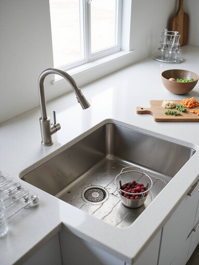 Large stainless steel workstation sink in a modern kitchen with cutting board, colander, and drying rack accessories on ledges.