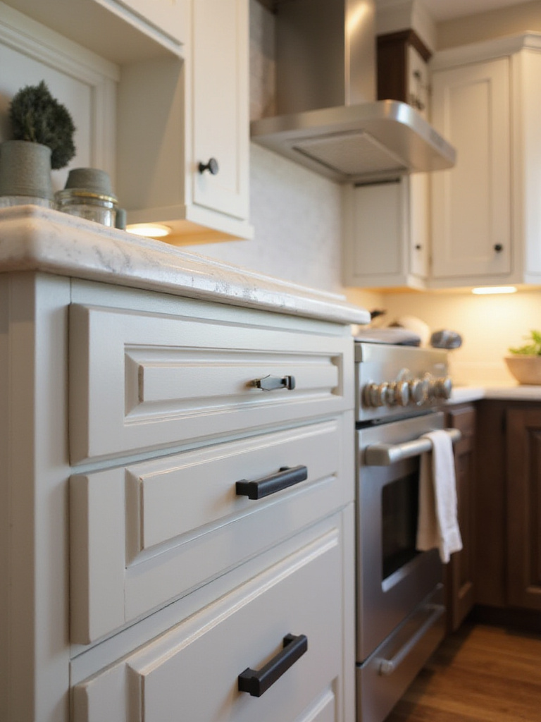 A beautifully designed kitchen featuring a mix of modern matte black and traditional brass cabinet hardware.