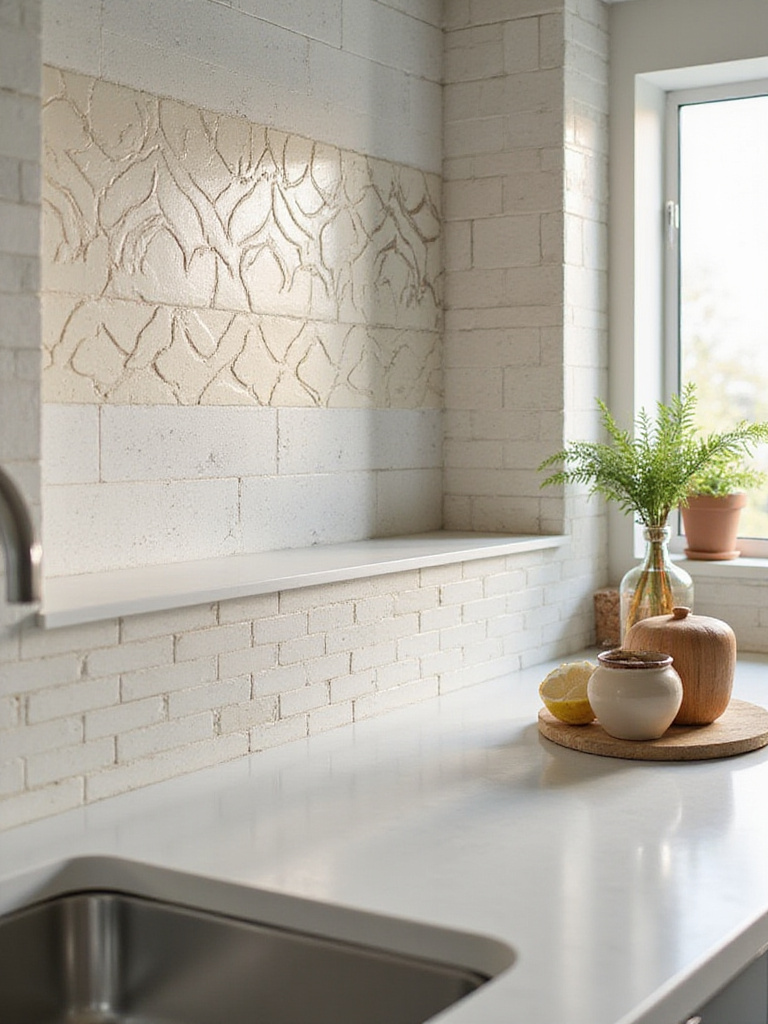 Modern kitchen backsplash with various tile patterns and grout colors