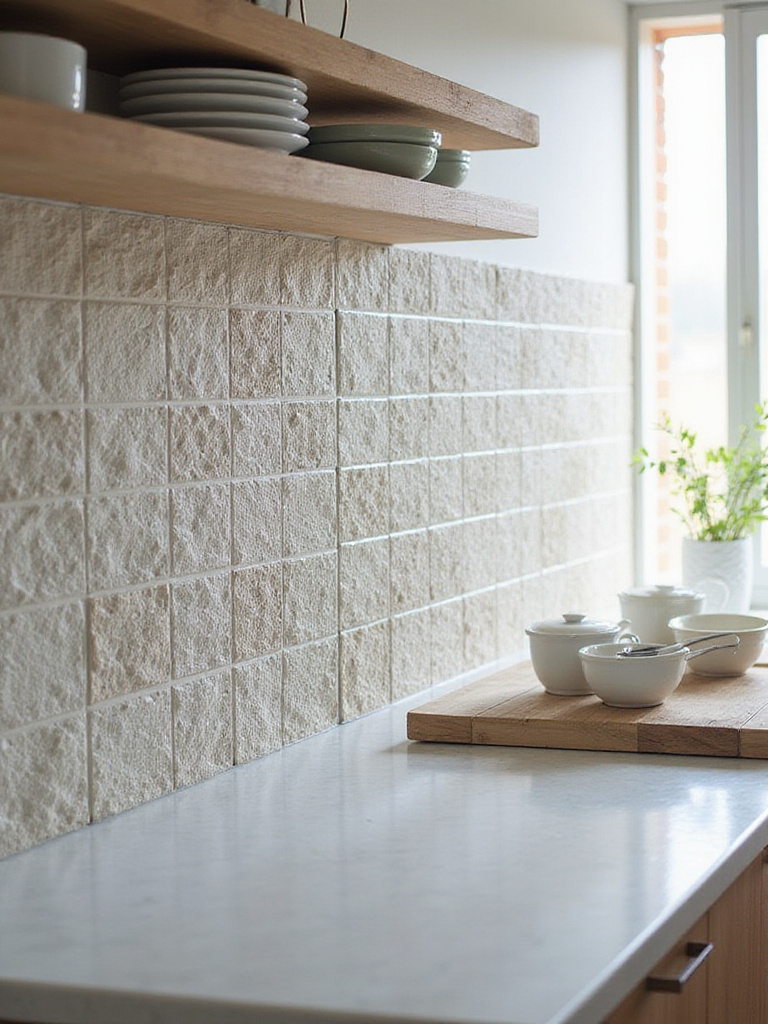 Modern kitchen backsplash featuring textured tiles with three-dimensional patterns.