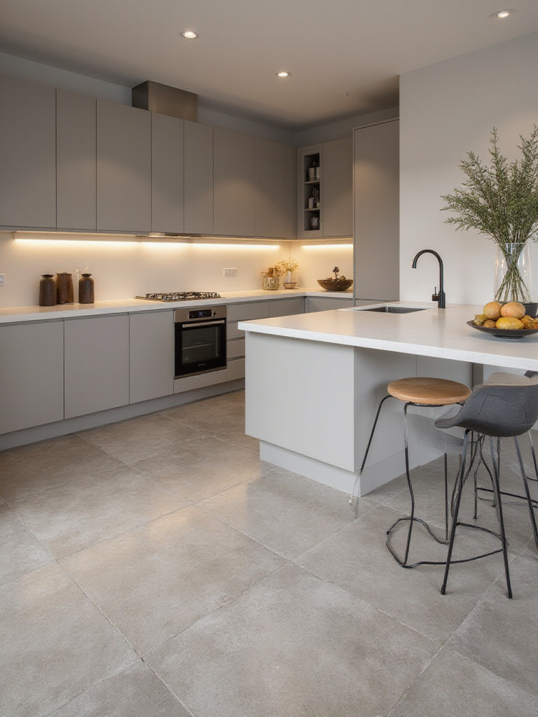 Modern kitchen with matte finish tiles on the floor and backsplash