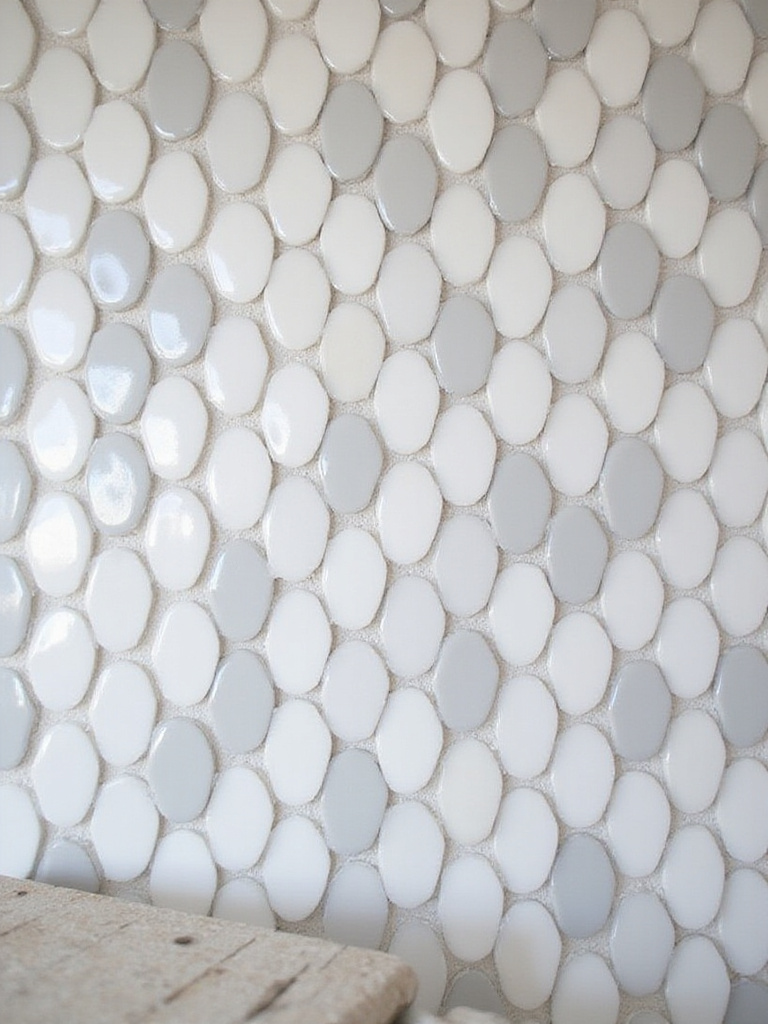 Kitchen backsplash featuring glossy white and matte grey penny round tiles in a retro-modern design.