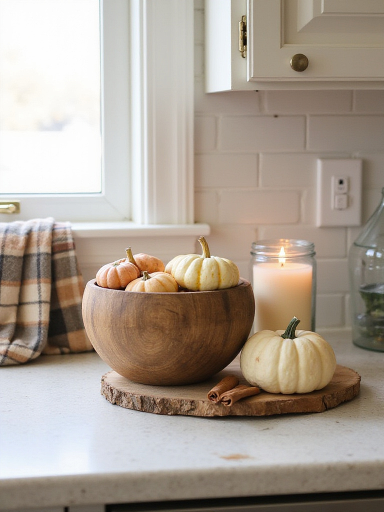 Seasonal kitchen countertop decor featuring gourds, a candle, and decorative towels.