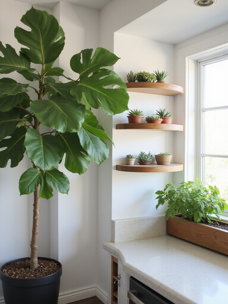 Modern kitchen featuring biophilic design with indoor plants, including a Fiddle Leaf Fig and fresh herbs.