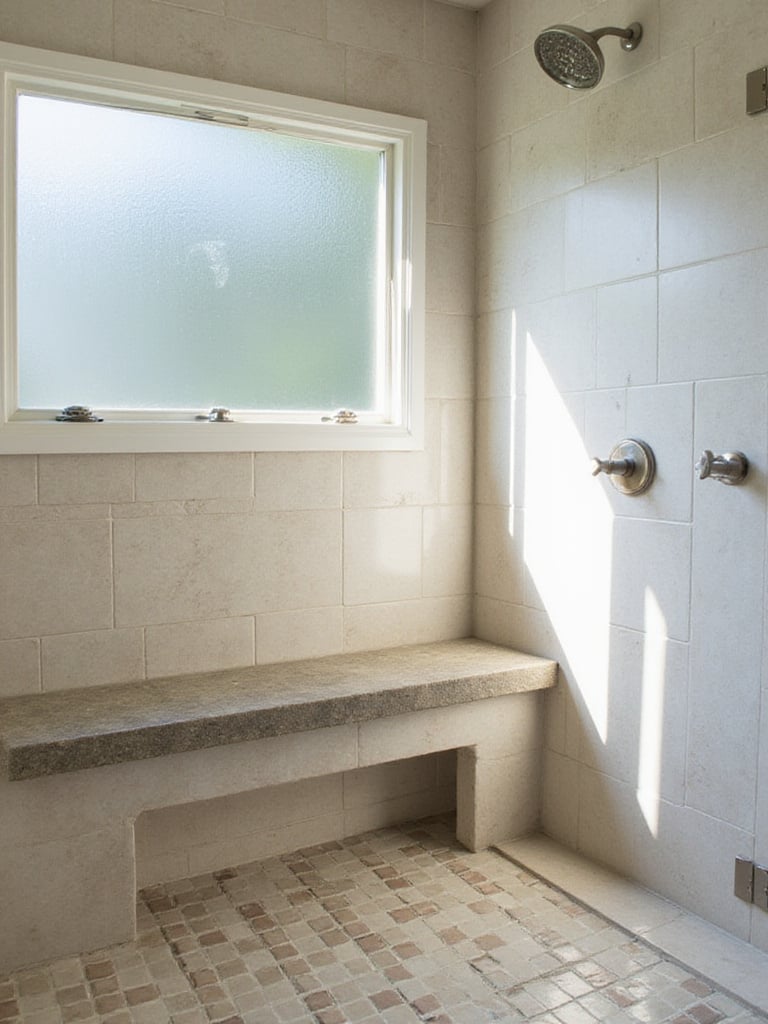 Elegant bathroom shower featuring a built-in shower bench with natural stone tiles and soft lighting.
