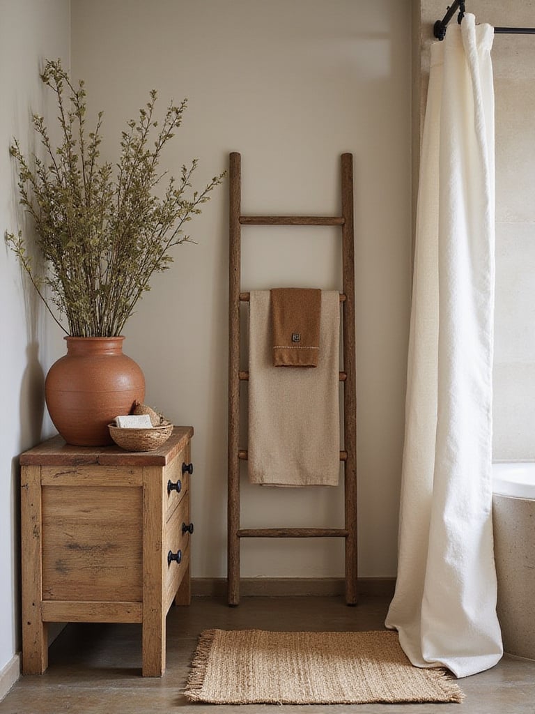 Rustic bathroom with natural textiles and dried botanicals for softness