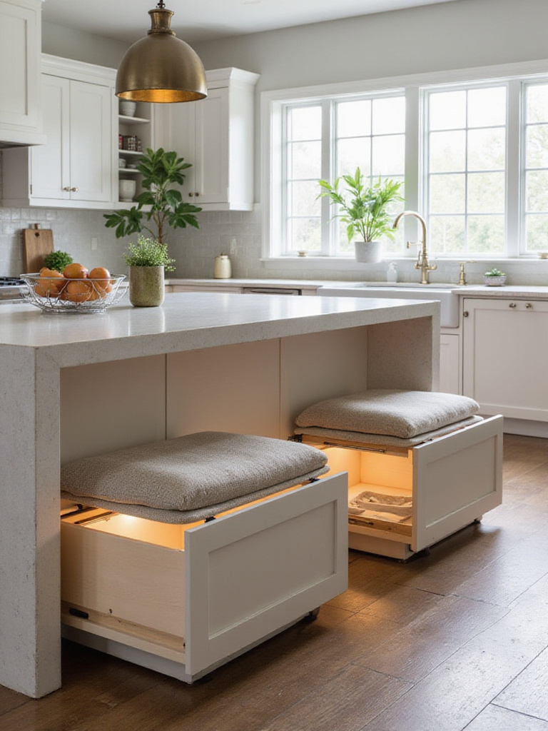 Modern kitchen island with integrated seating and hidden storage compartments