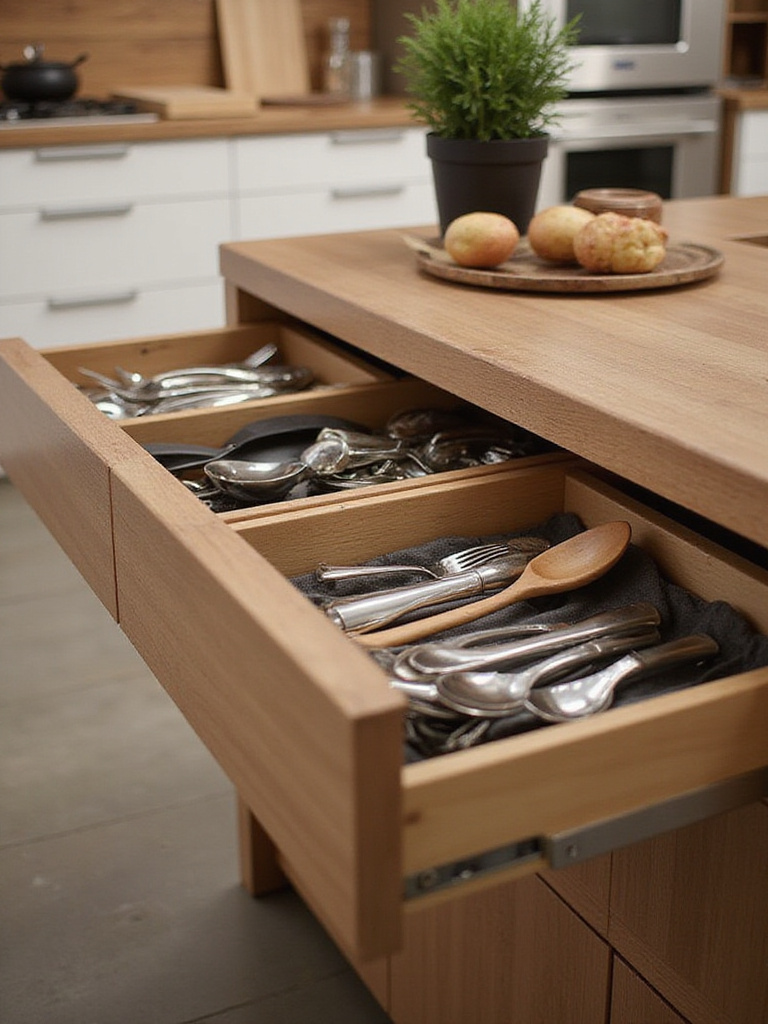 Modern kitchen island with shallow drawers for organizing cutlery and utensils