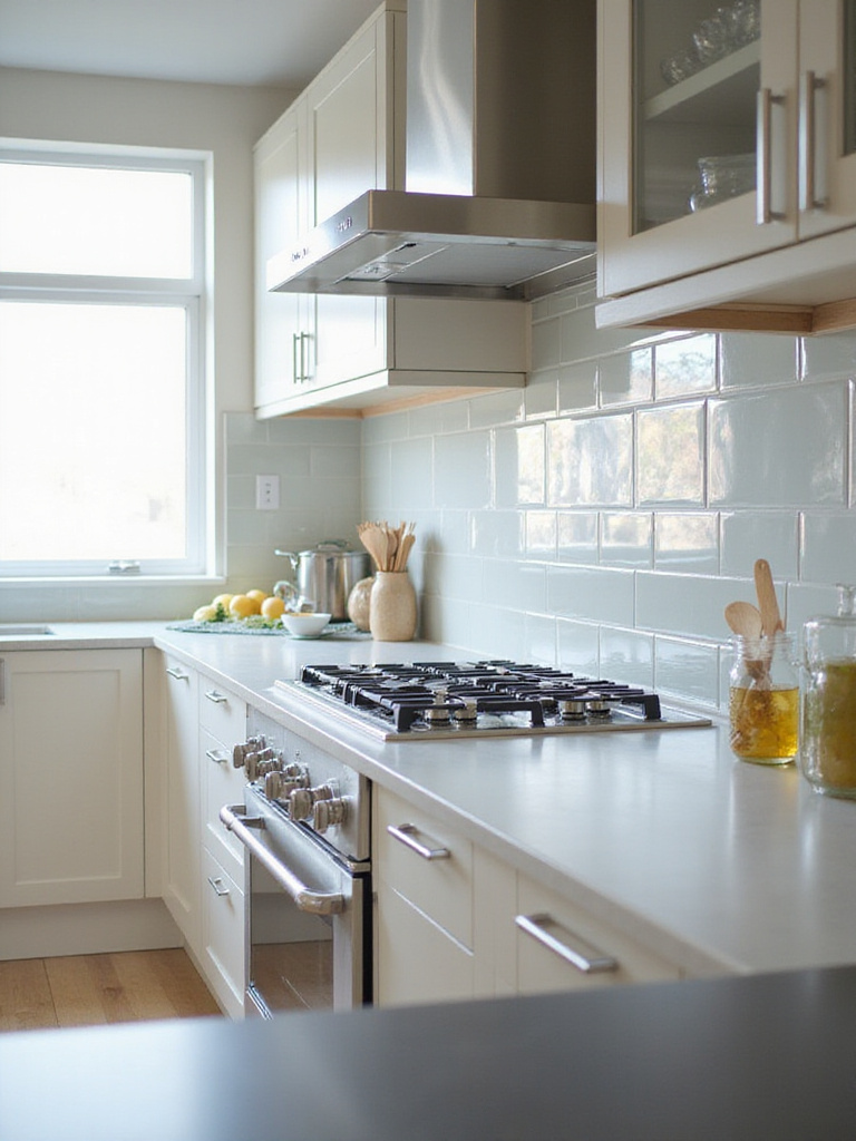 Modern kitchen with reflective glass tile backsplash enhancing brightness and depth