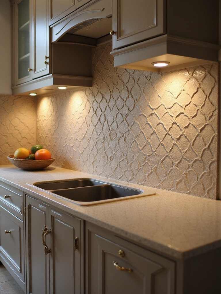Kitchen backsplash with 3D textured tiles showcasing geometric patterns and warm lighting