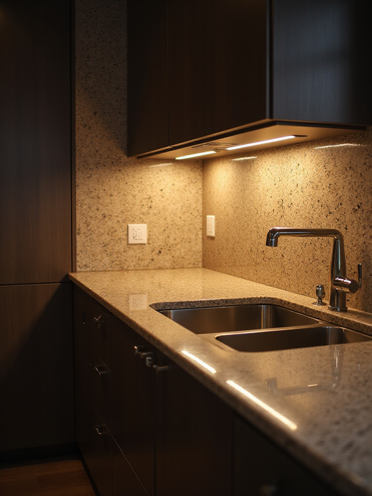 Modern kitchen with under-cabinet lighting illuminating a countertop.