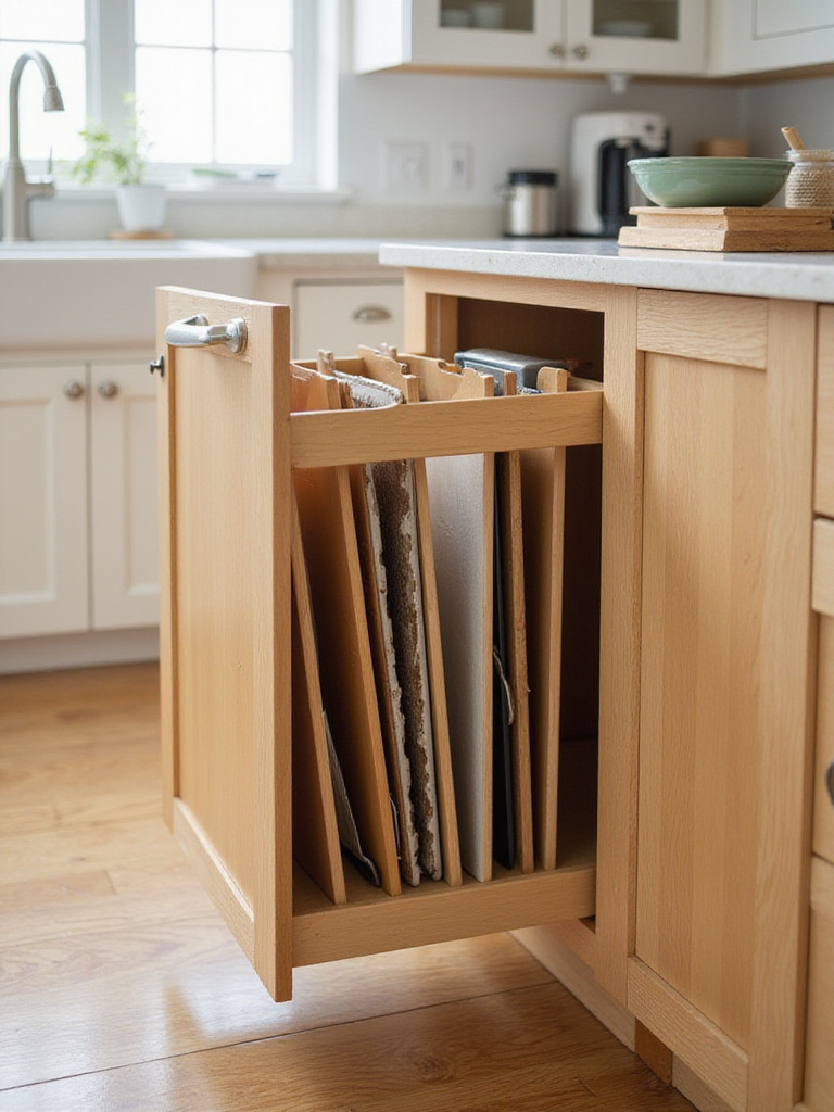 Organized kitchen island cabinet with vertical dividers for baking sheets and trays